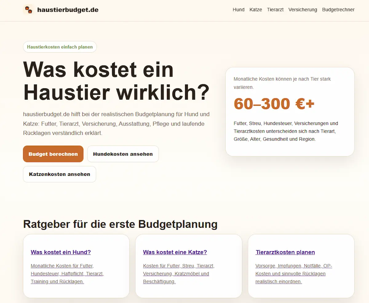 Vorschau der Startseite von Haustierbudget.de